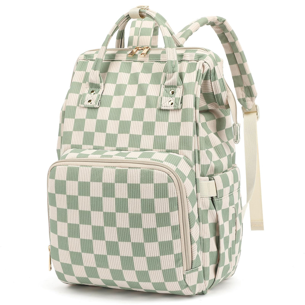 Dezcrab corduroy checkered green diaper backpack front view showing accessible storage.