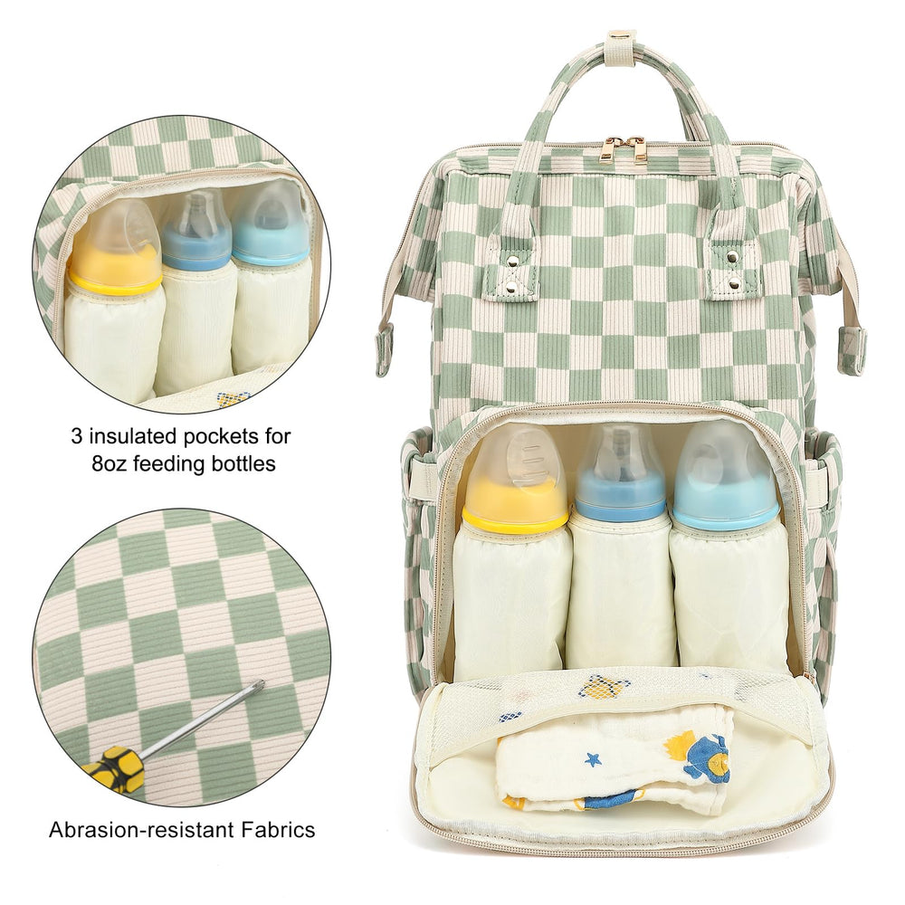 Dezcrab corduroy checkered green diaper backpack open main compartment for organization.
