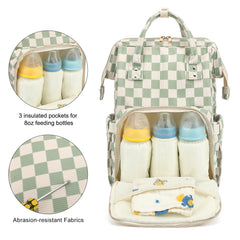 Dezcrab corduroy checkered green diaper backpack open main compartment for organization.