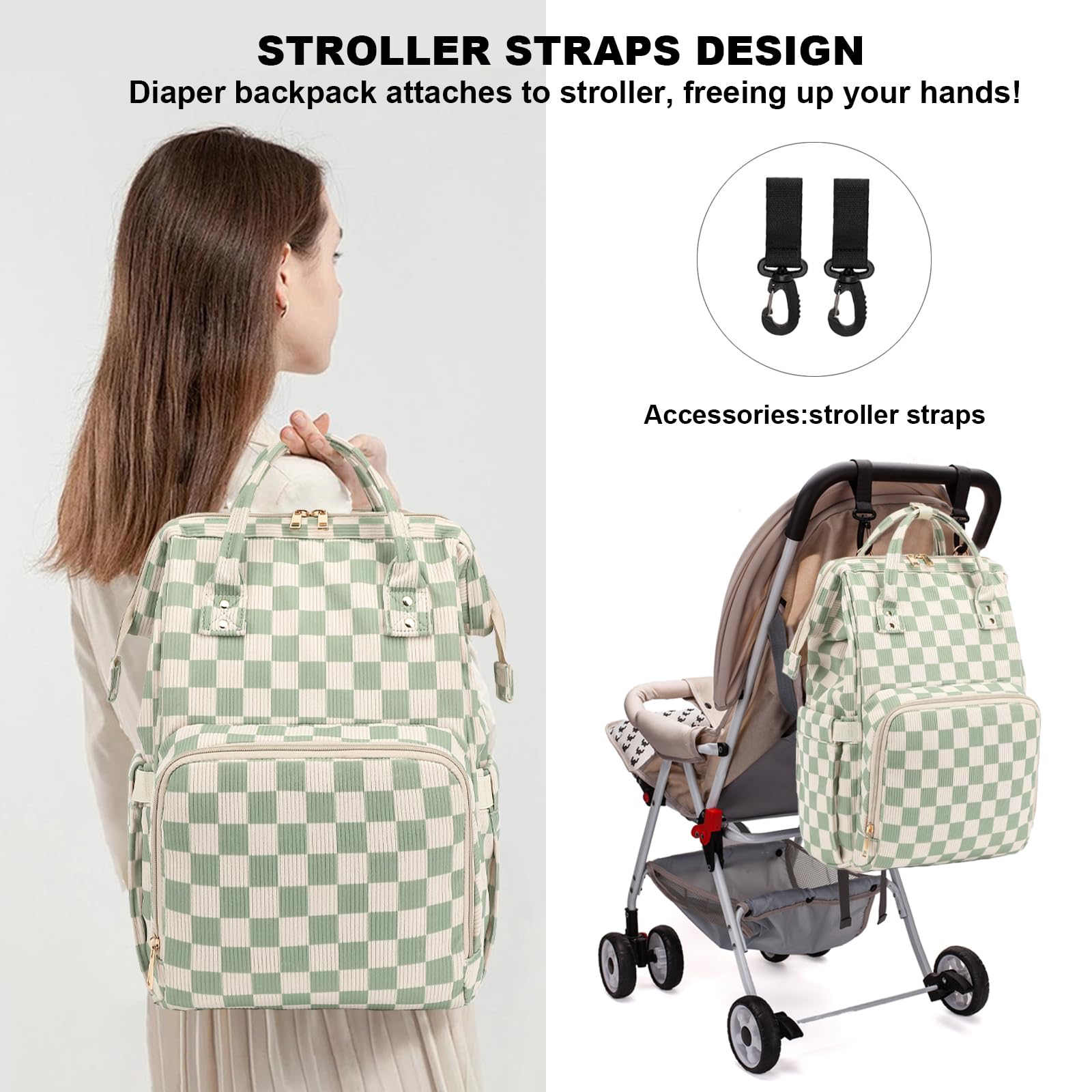 Dezcrab corduroy checkered green diaper backpack side pocket for quick access.