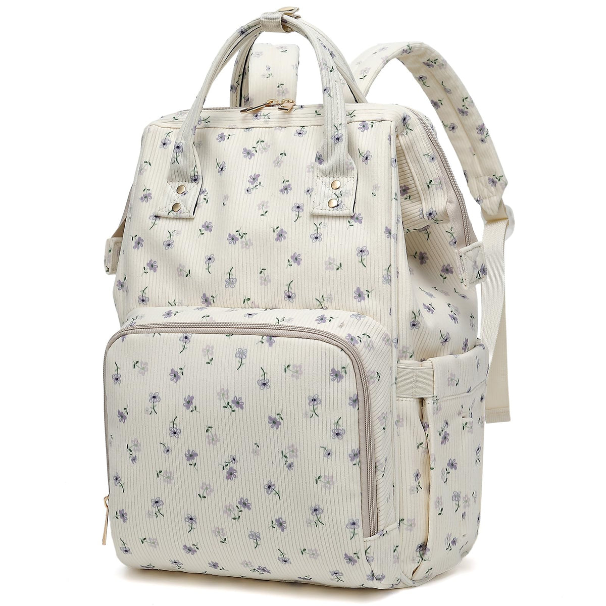 Dezcrab corduroy flowers purple diaper backpack with a spacious main compartment for easy on-the-go organization.