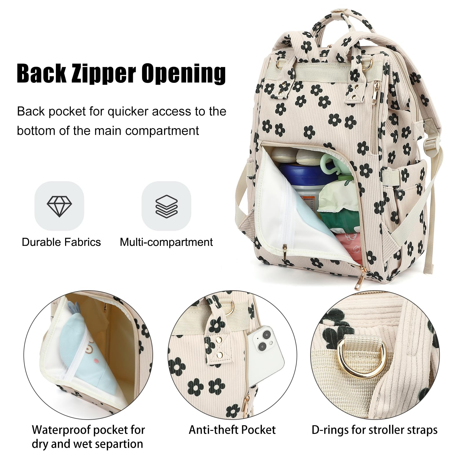 Dezcrab corduroy flowers stroller-strap attachment for hands-free strolling.