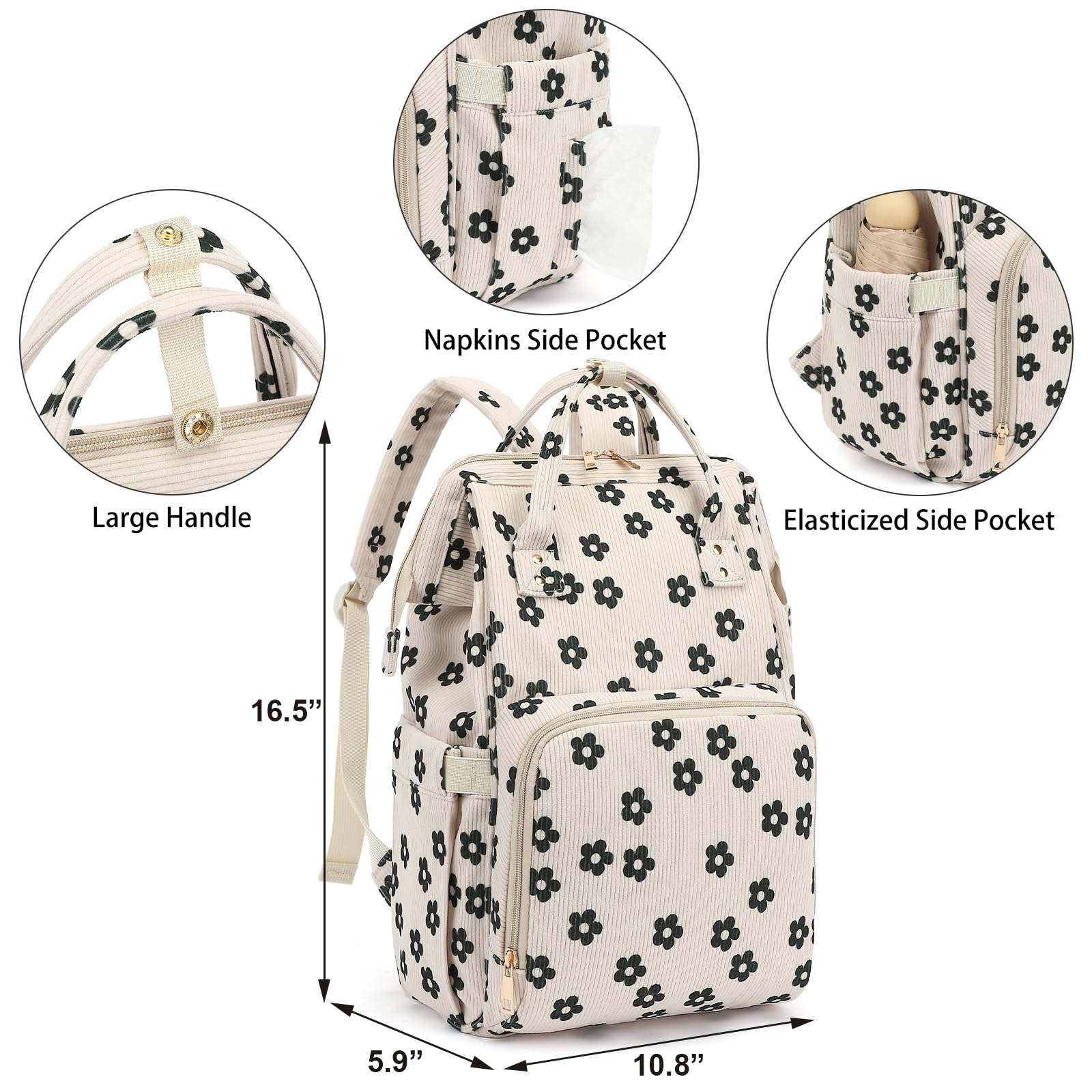 Dezcrab corduroy flowers wide-opening main compartment for quick access.