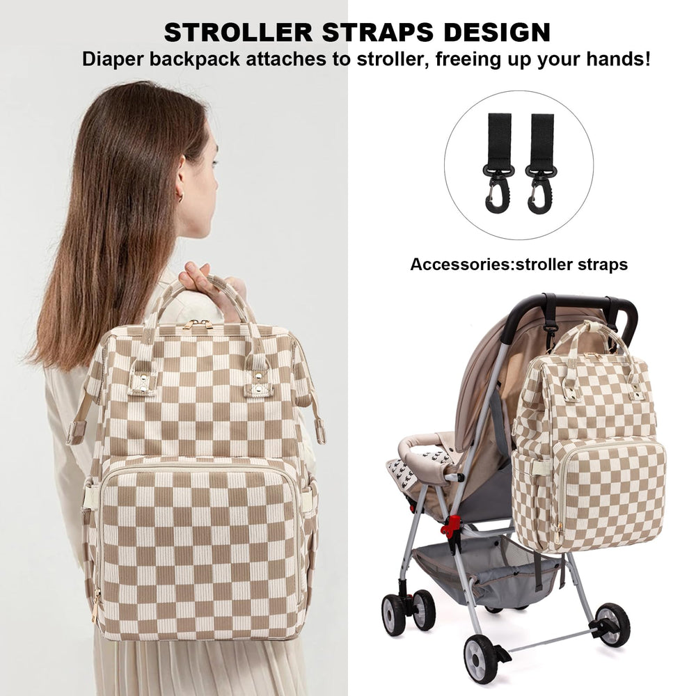 Dezcrab diaper bag with stroller straps attached for convenient travel.