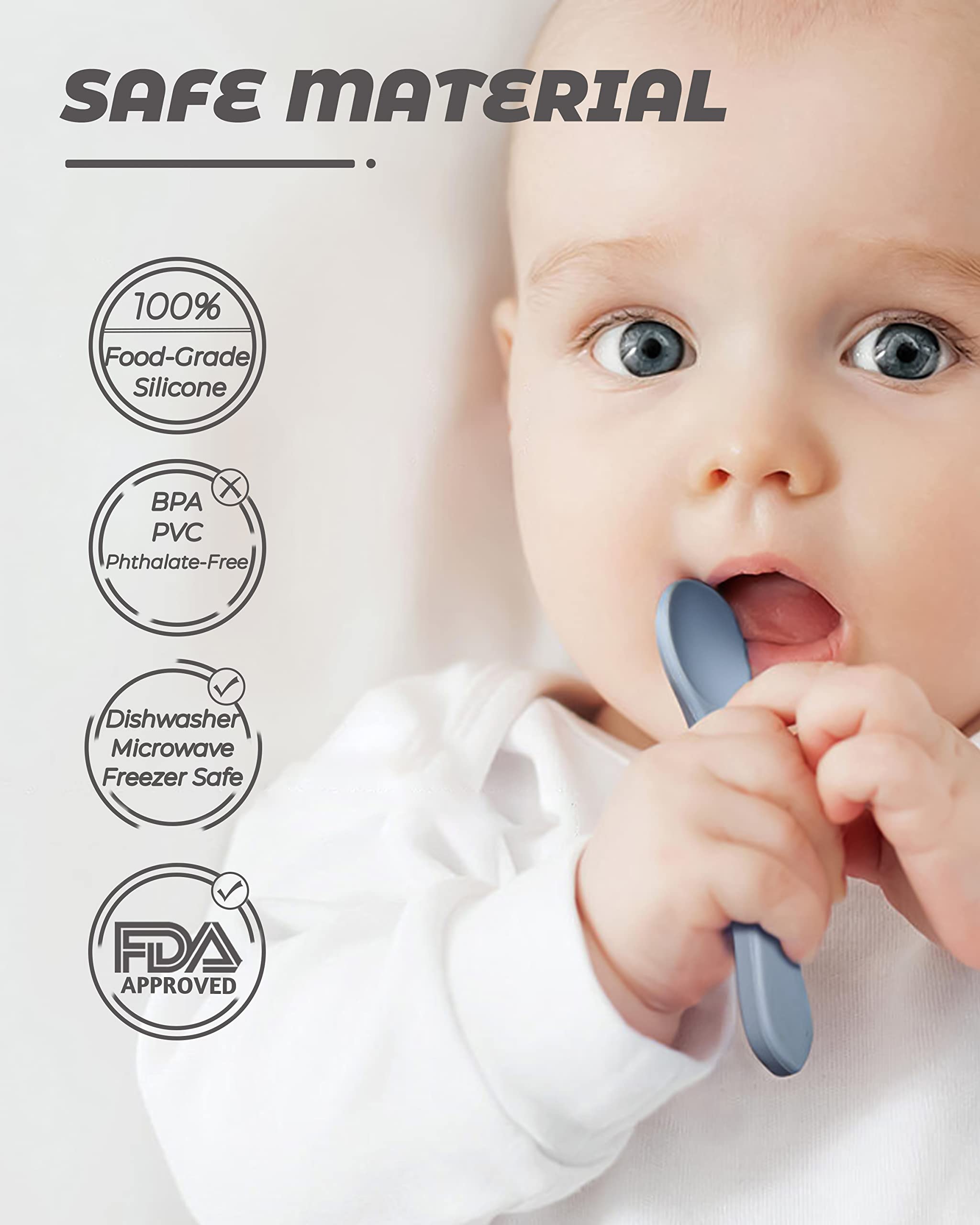 DF DualFerv 10pc baby utensils spoons closeup highlights soft silicone for gentle feeding