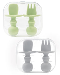 DF DUALFERV green-case image shows travel-ready self-feeding utensils