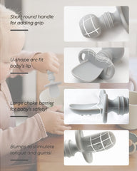 DF DUALFERV grey-grip spoon shows safe tip design for gentle feeding