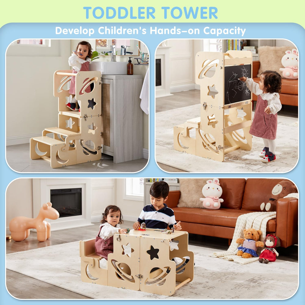 DGD Toddler Tower wooden-frame closeup shows durable construction for kids.