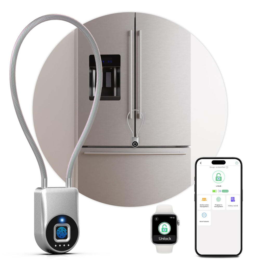 Dhiedas fingerprint cable lock front view demonstrates compact biometric security for appliances.