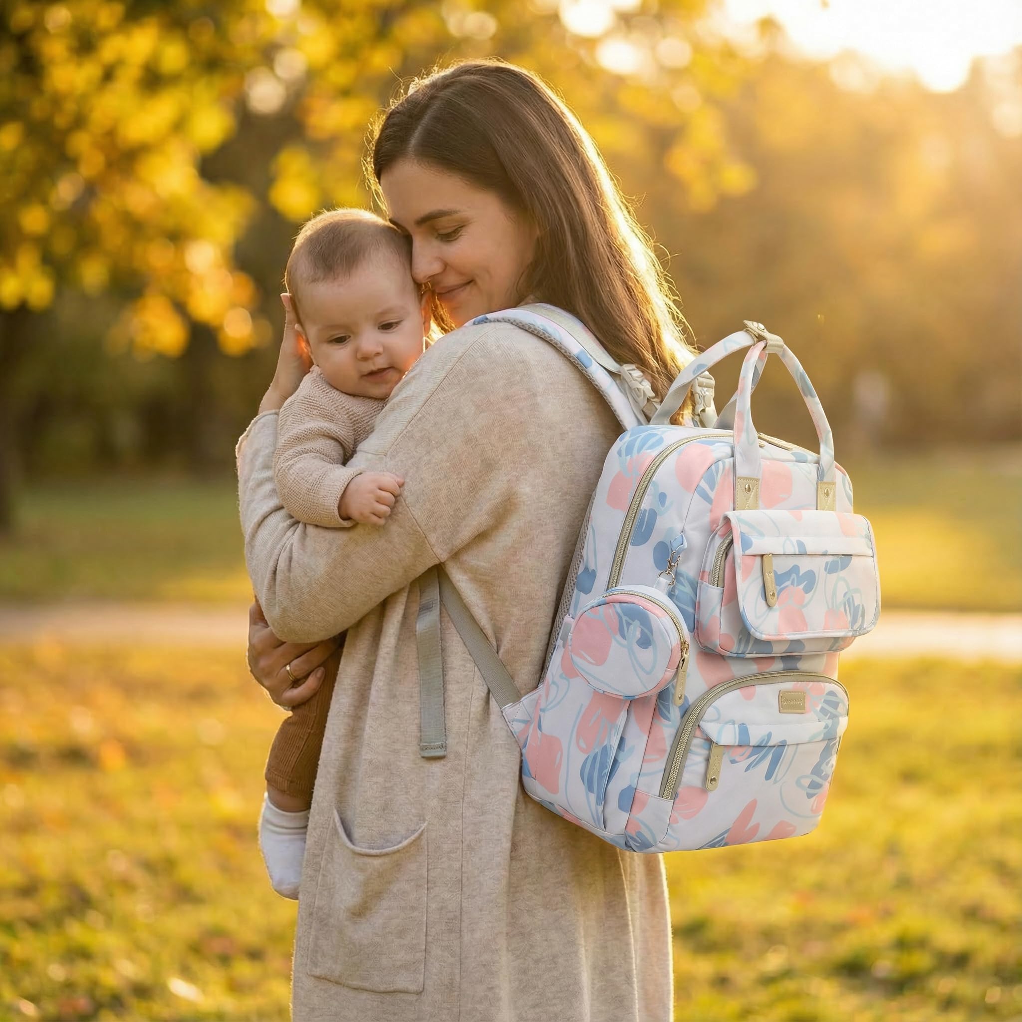 Sky Blue diaper bag backpack wipe-clean waterproof fabric for easy maintenance