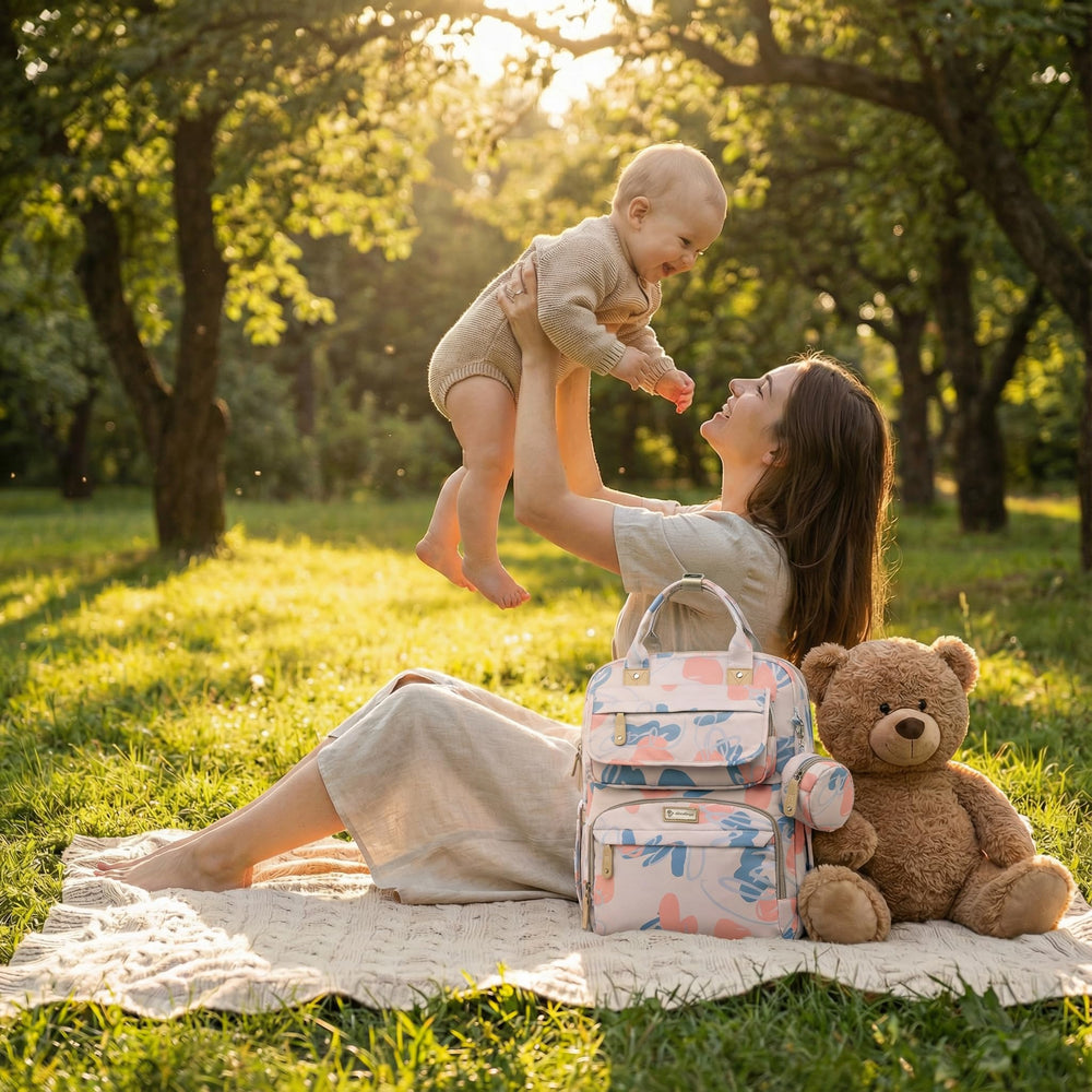 Sky Blue diaper bag backpack luggage sleeve makes airport trips smoother