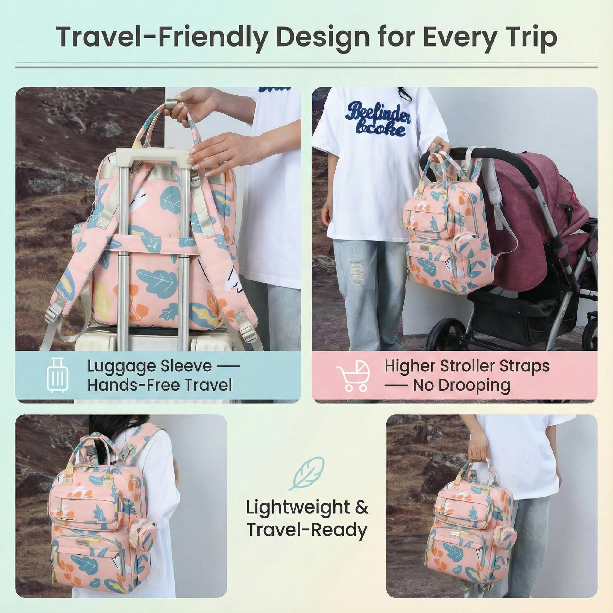 Diaper Bag Backpack luggage strap slides over suitcase handles for smooth travel.