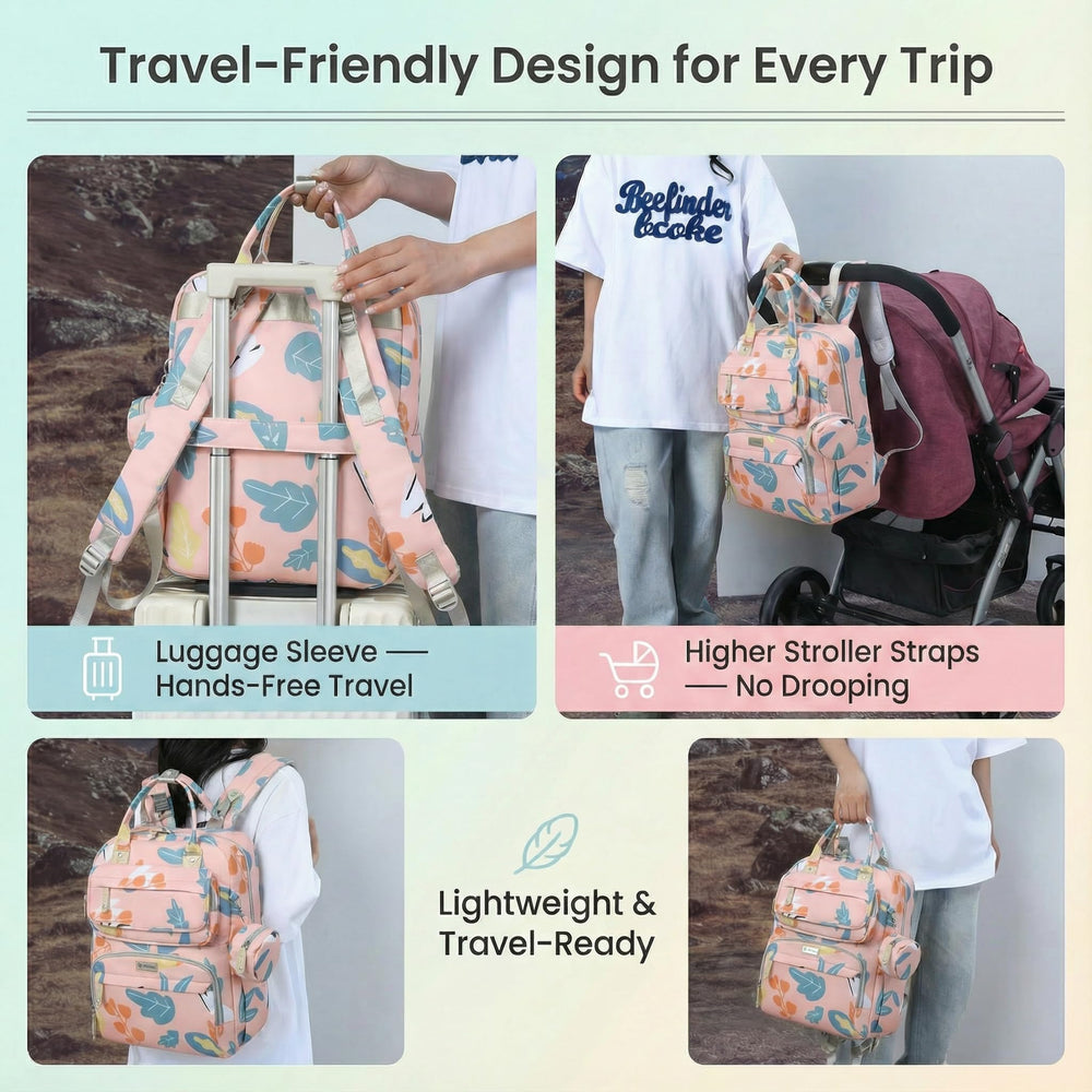 Diaper Bag Backpack luggage strap slides over suitcase handles for smooth travel.
