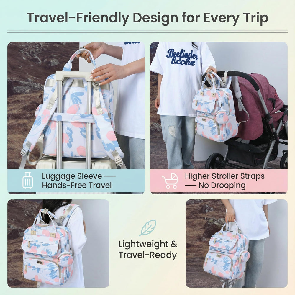 Sky Blue diaper bag backpack stroller straps secure higher for easy strolling