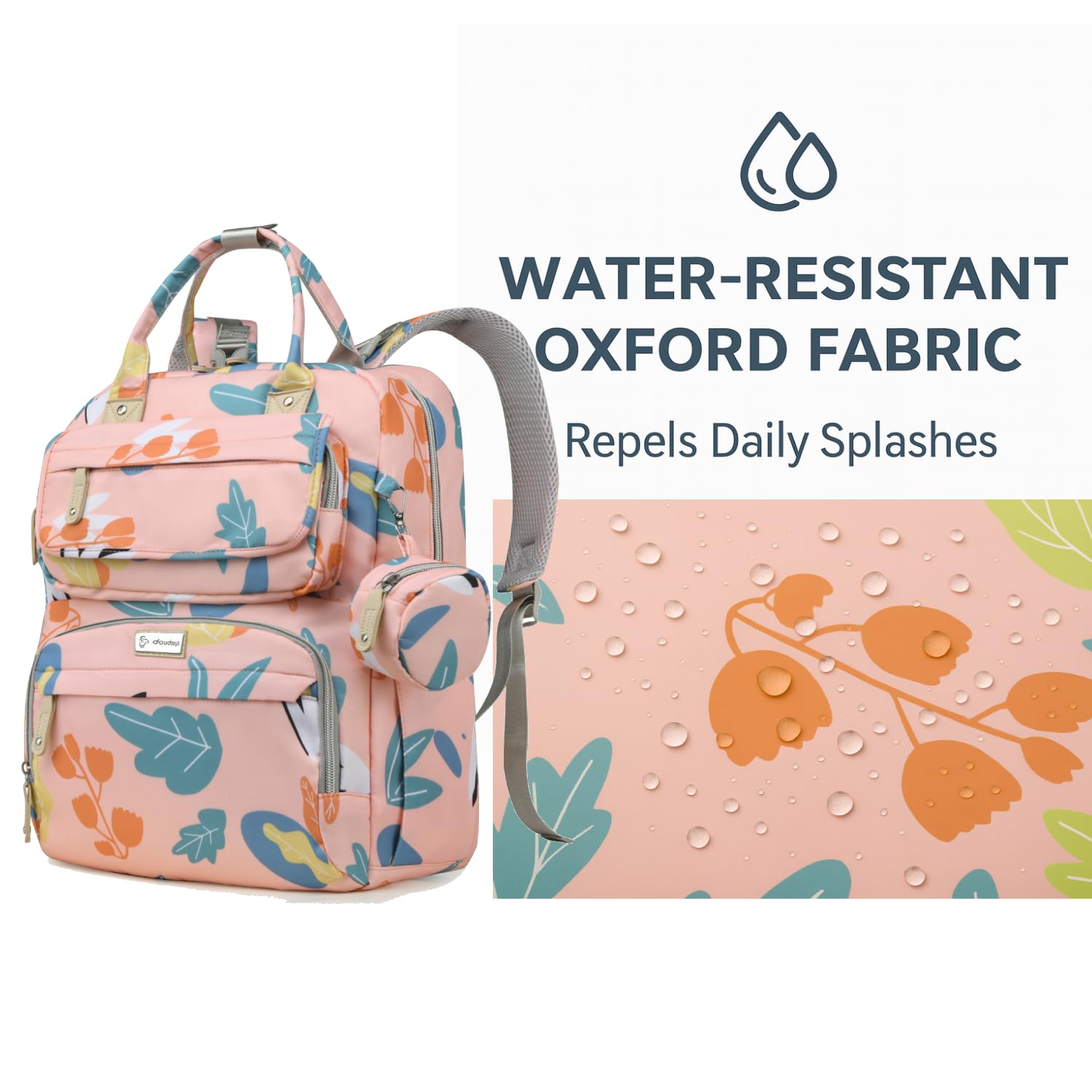 Diaper Bag Backpack stroller straps enable hands-free transport through crowds.