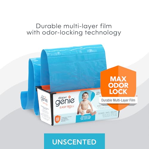 Diaper Genie Easy Roll with Odor-Lock film blocks odors in nursery.