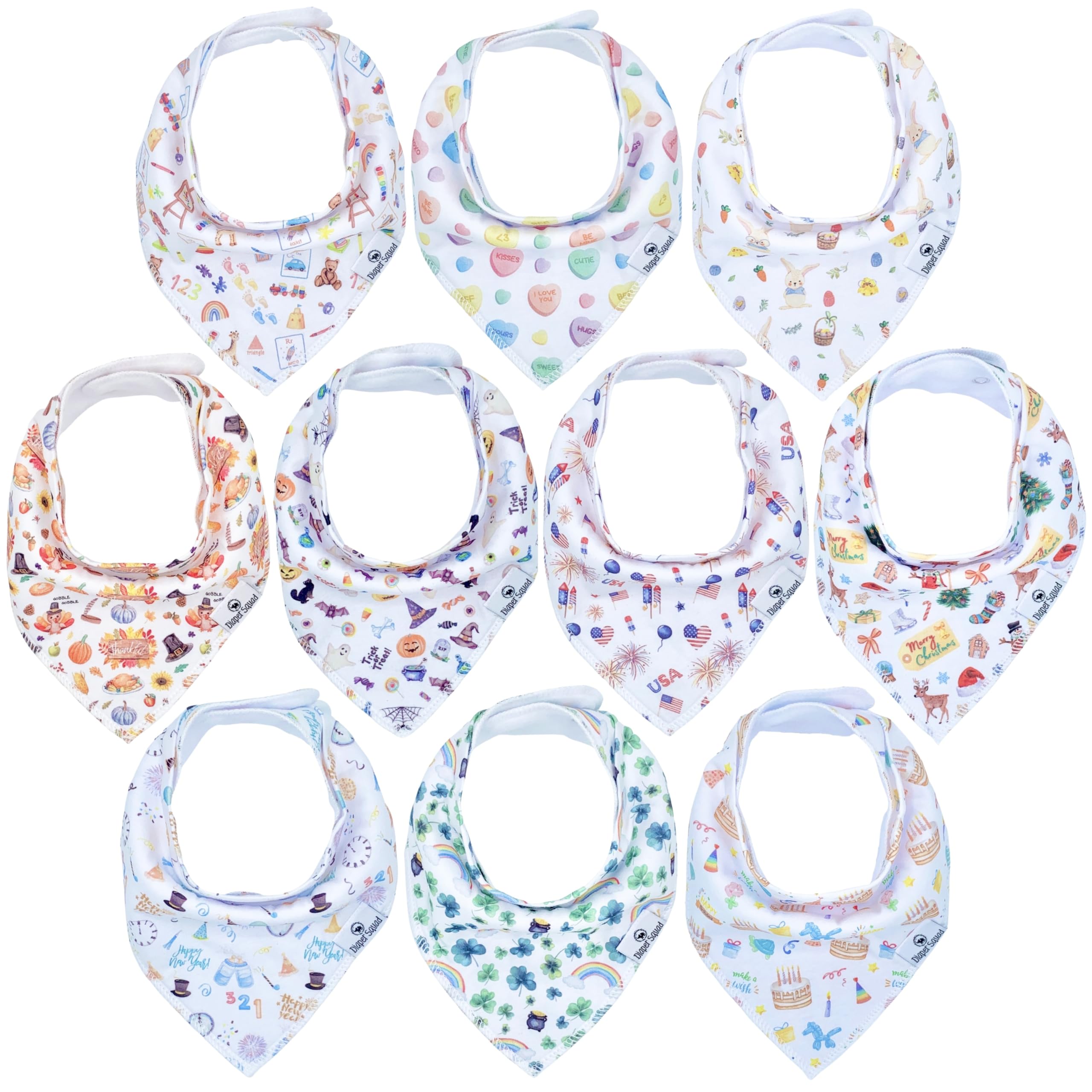 Diaper Squad 10-pack bibs deliver strong drool absorption for teething babies.