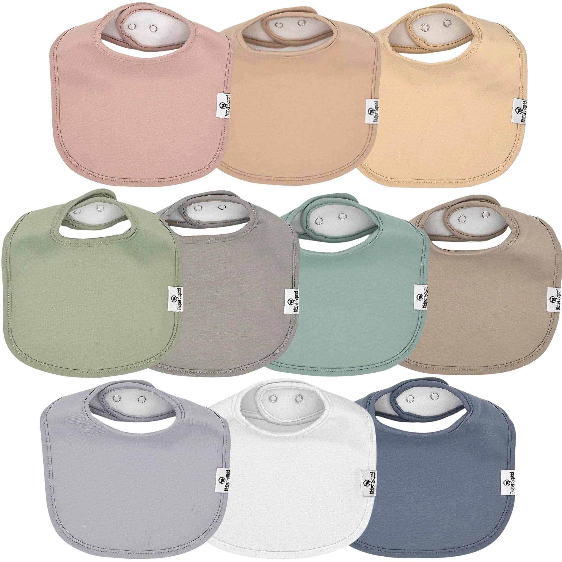 Diaper Squad 10-pack bibs collection shows versatile designs to match daily outfits and absorb drool.
