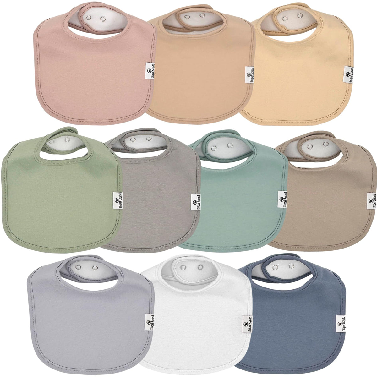 Diaper Squad 10-pack bibs collection shows versatile designs to match daily outfits and absorb drool.