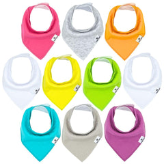 Diaper Squad 10-pack bibs front view with drool-absorbent designs for teething days