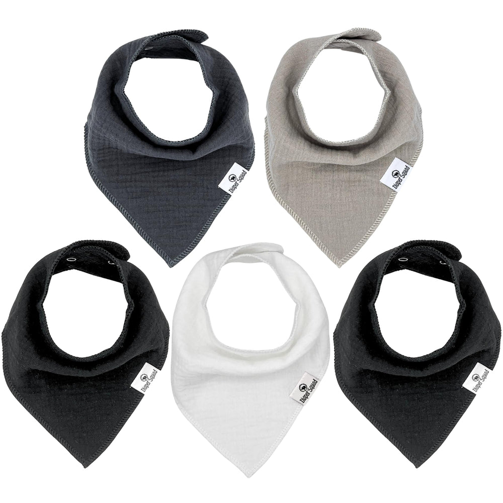 Diaper Squad 5-pack bibs with drool-ready coverage keeps outfits dry during teething.