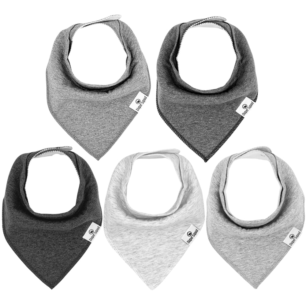 Diaper Squad 5-pack speckled grey bibs help keep outfits dry during teething.
