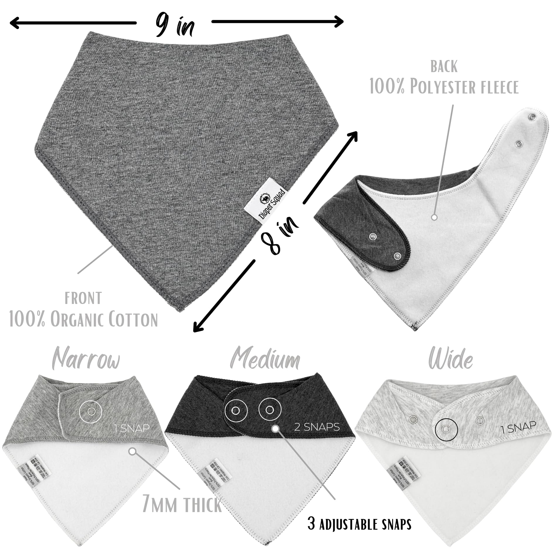 Diaper Squad adjustable 3-snap design grows with baby from 2 to 36 months.