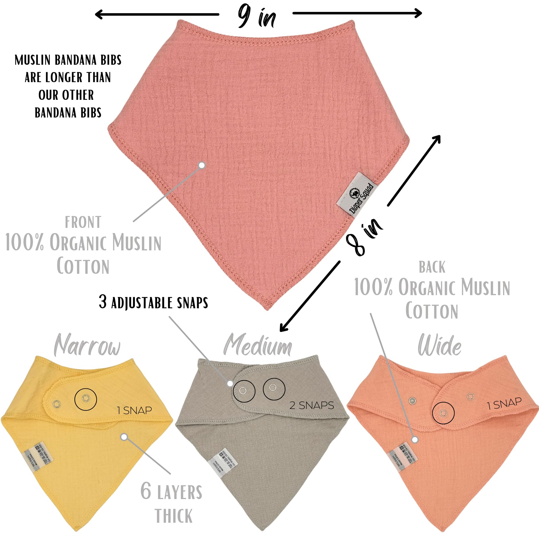 Diaper Squad bibs with 3-stage snaps grow with your baby and stay secure