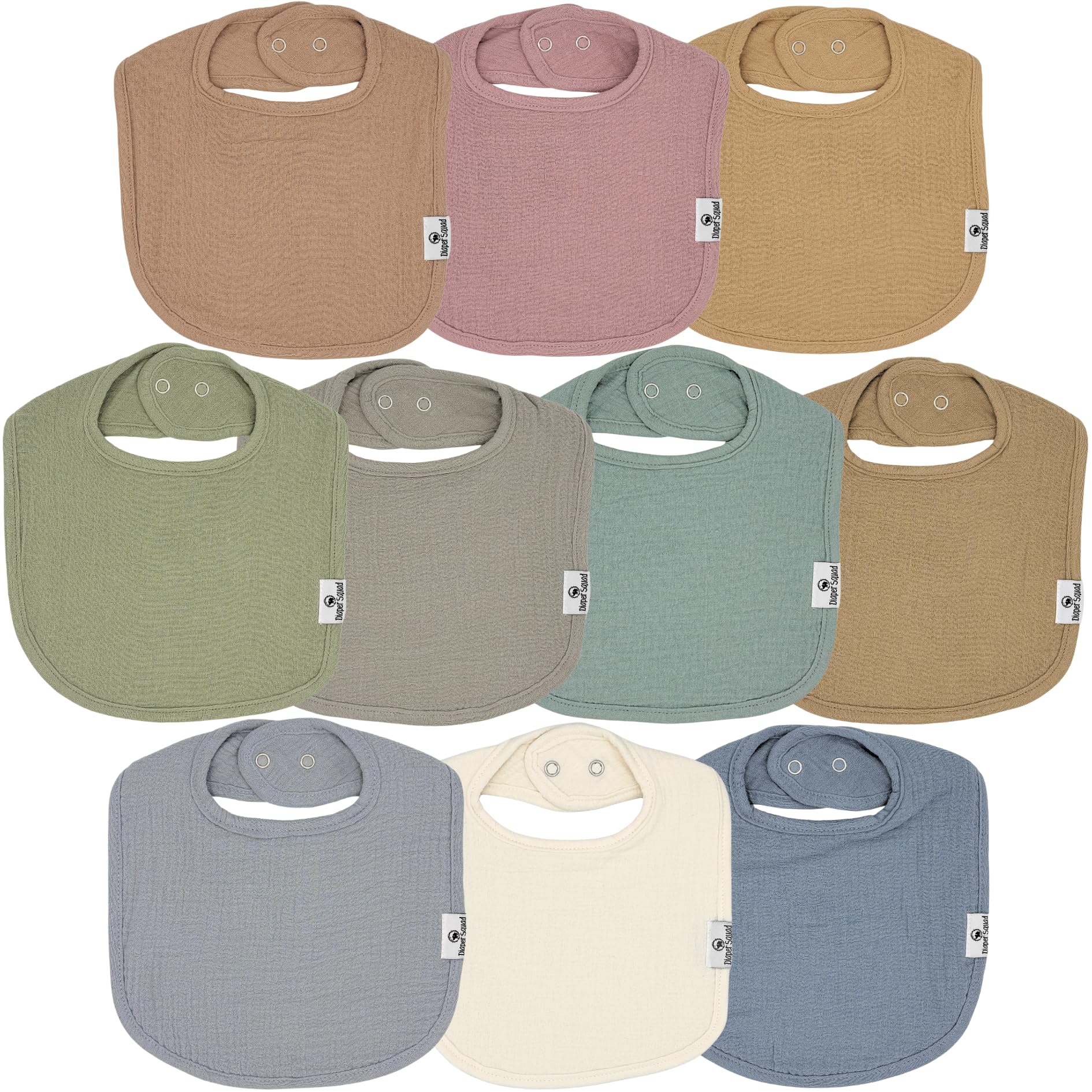 Diaper Squad 10-pack bibs with drool-absorb design for teething messes.