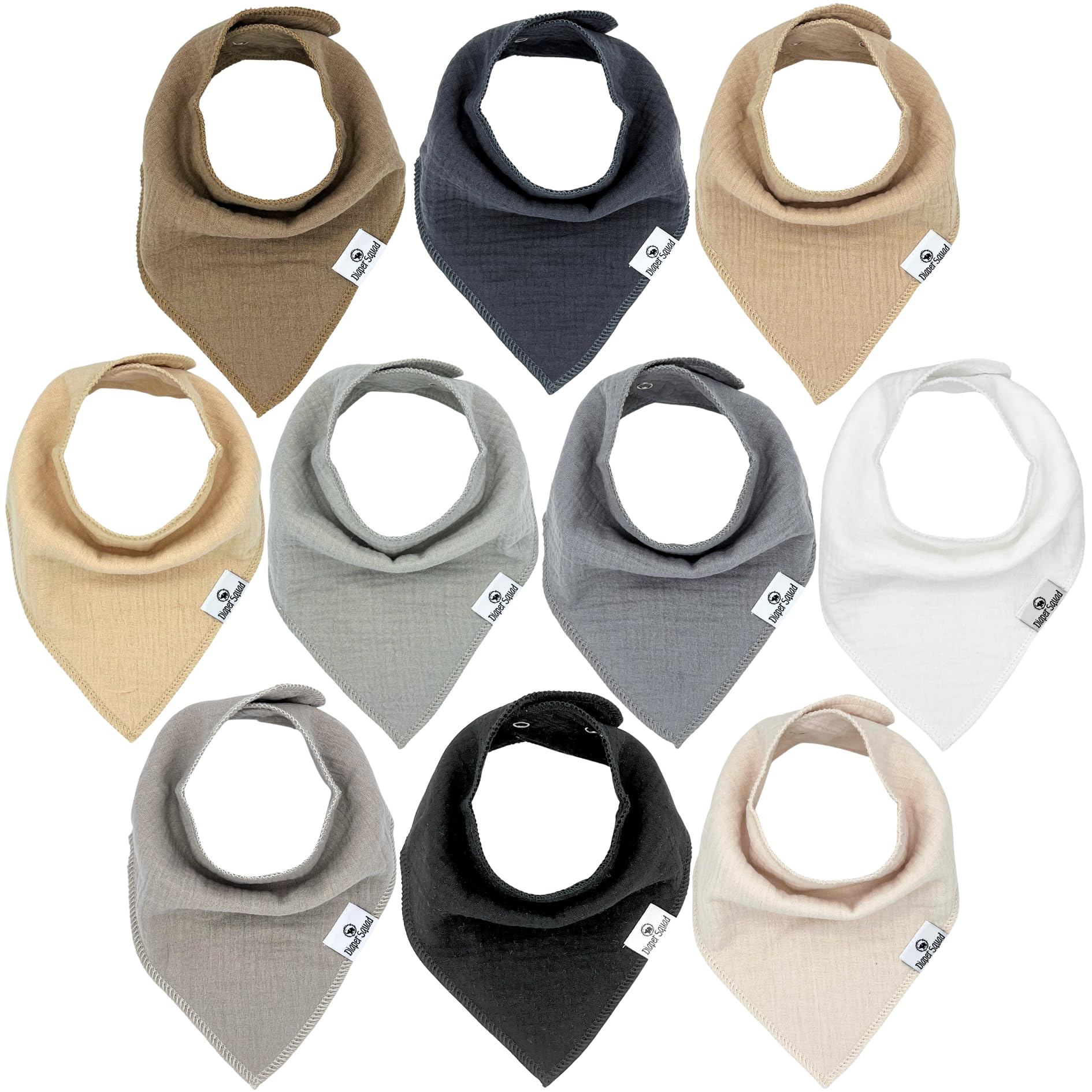 Diaper Squad 10-pack baby bibs flatlay demonstrating absorbent muslin protection during teething