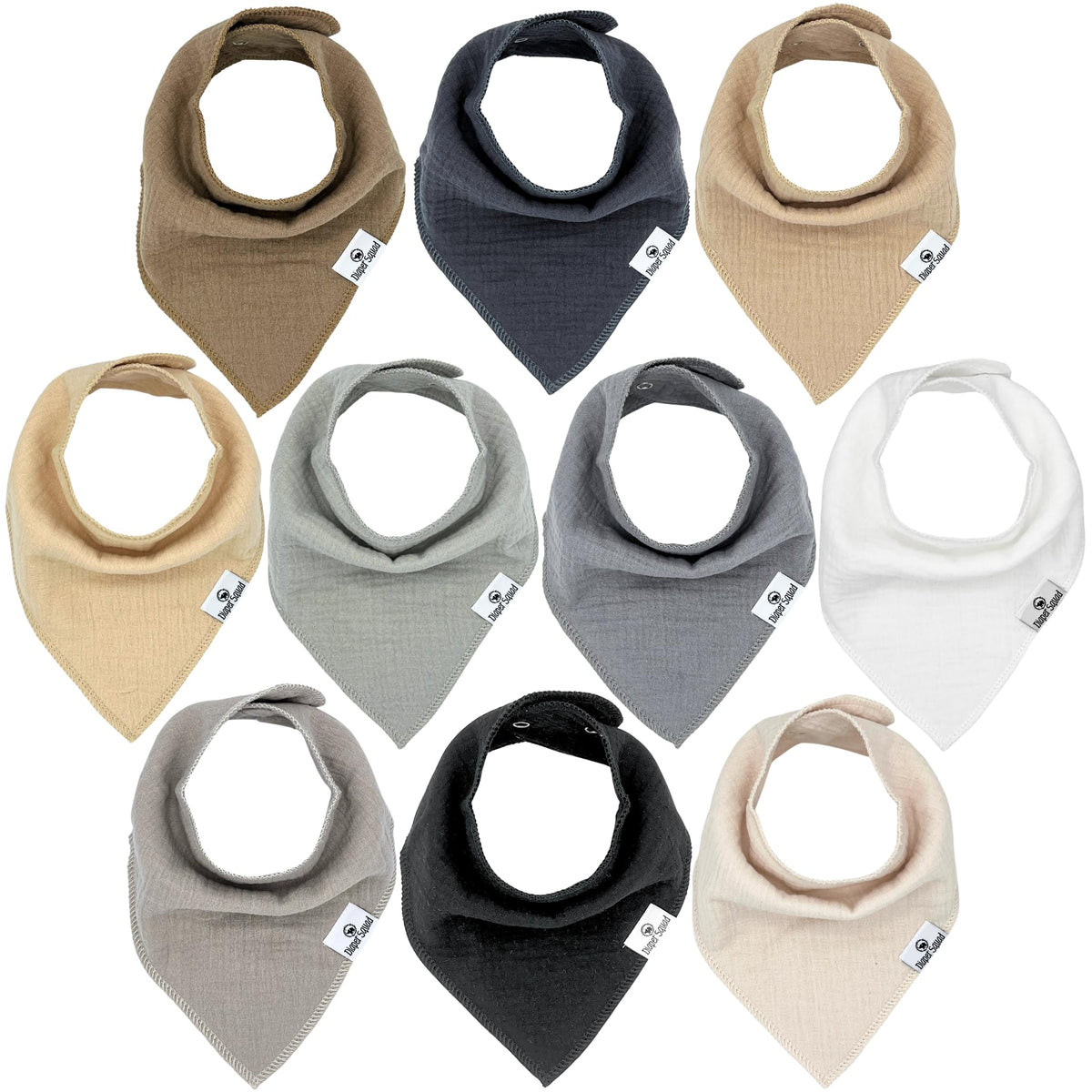 Diaper Squad 10-pack baby bibs flatlay demonstrating absorbent muslin protection during teething