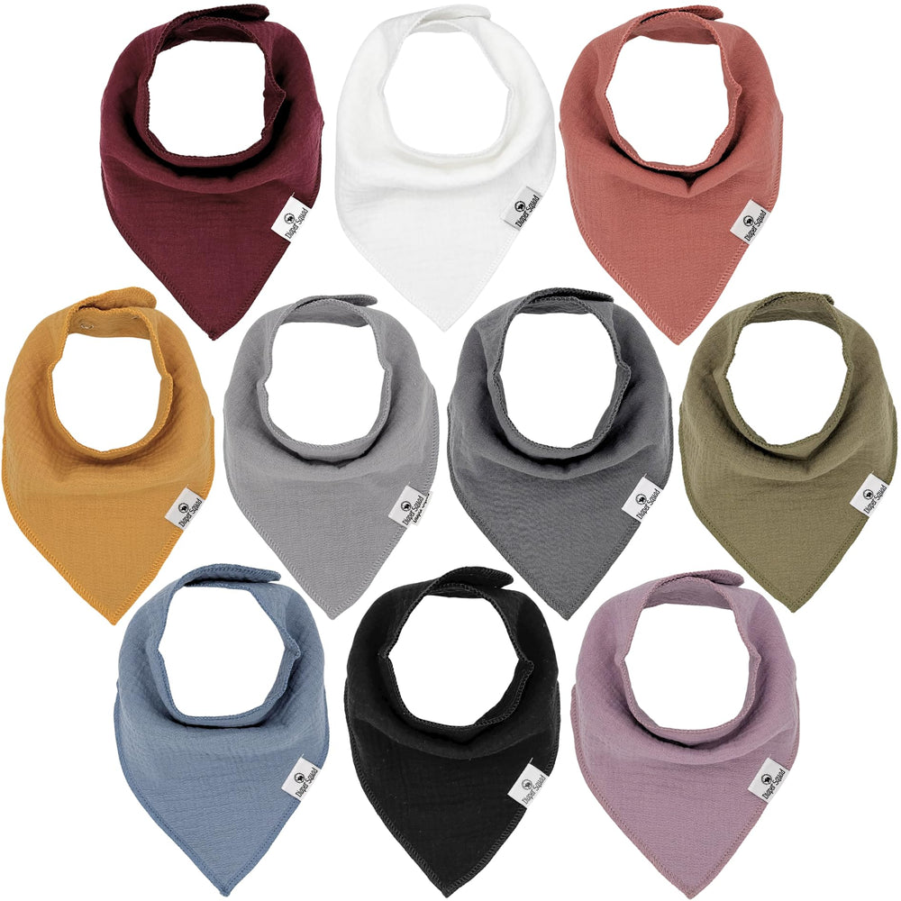 Diaper Squad 10-pack baby bibs folded; soft muslin helps catch drool and protect clothes.