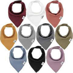 Diaper Squad 10-pack baby bibs folded; soft muslin helps catch drool and protect clothes.