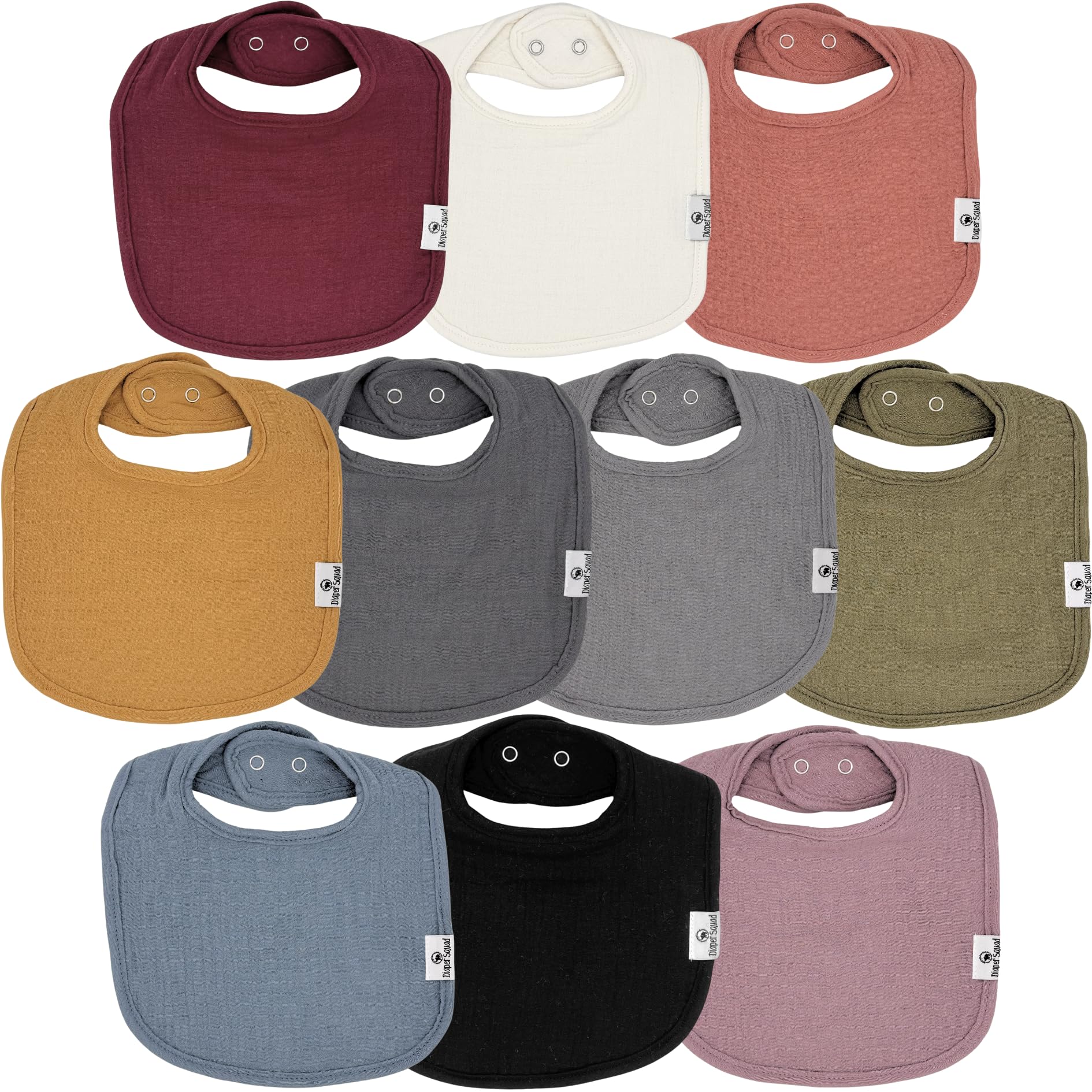 Diaper Squad 10-pack bibs flatlay showing soft absorbent bibs for teething days