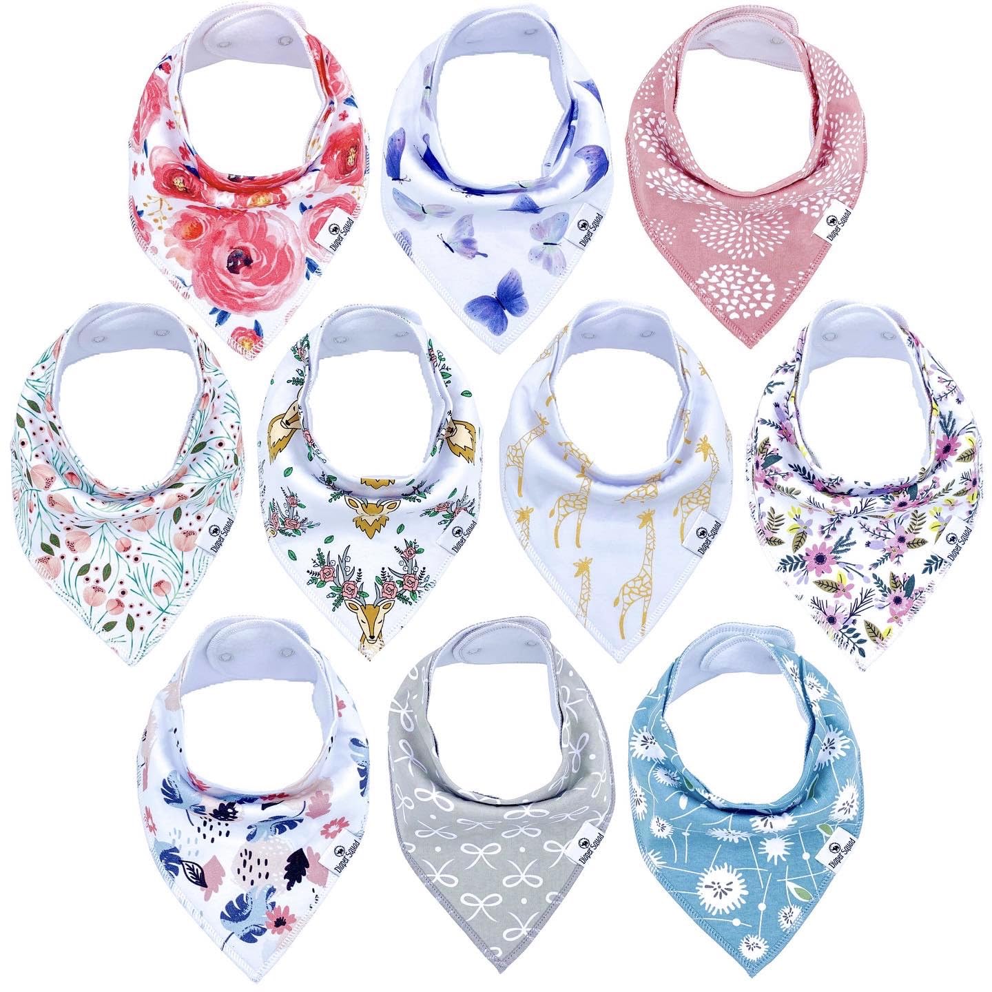Diaper Squad 10-pack bibs flatlay with assorted designs for easy outfit matching.