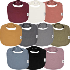 Diaper Squad 10-pack bibs flatlay showing soft absorbent bibs for teething days