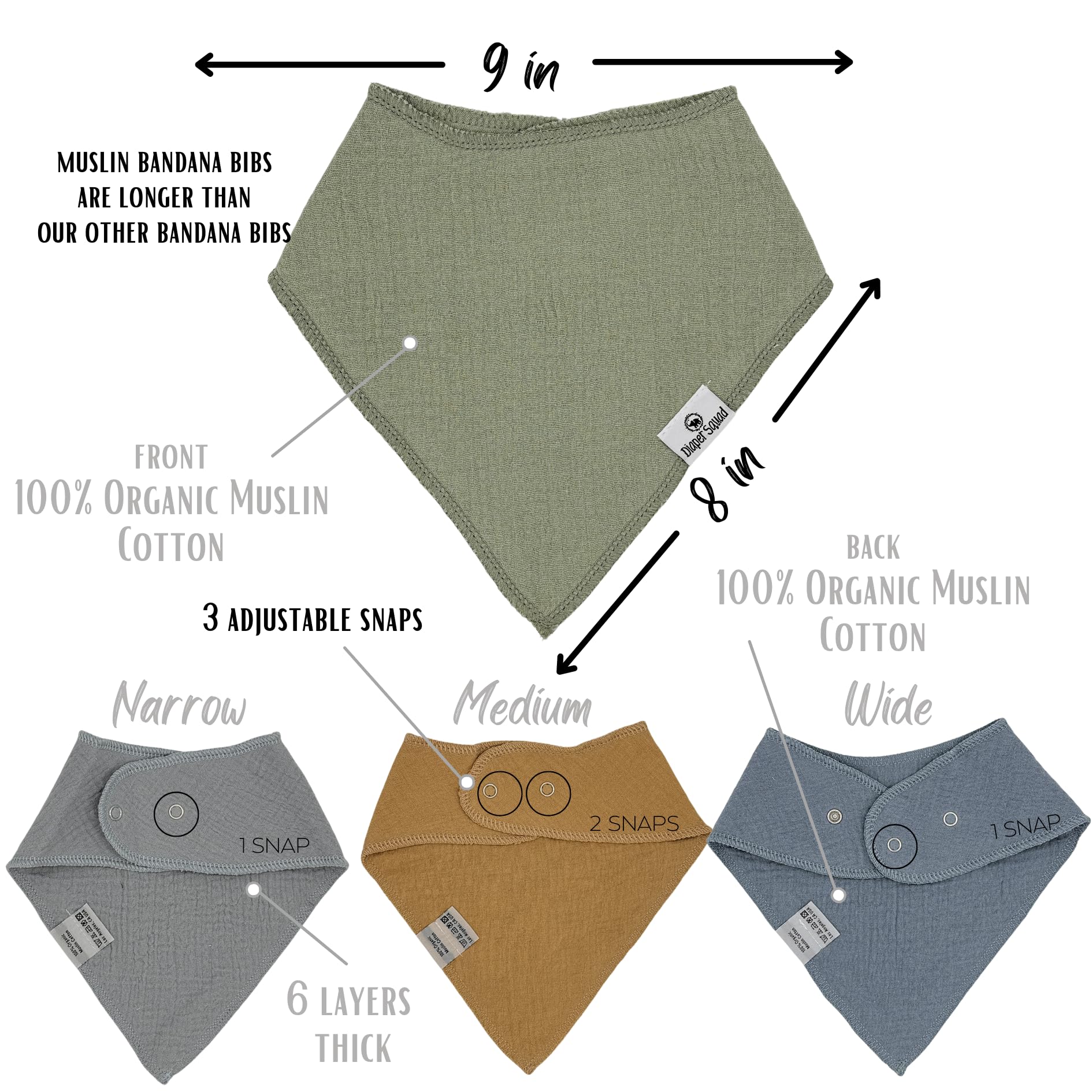 Diaper Squad adjustable 3-snap bib grows with baby from 2 months.