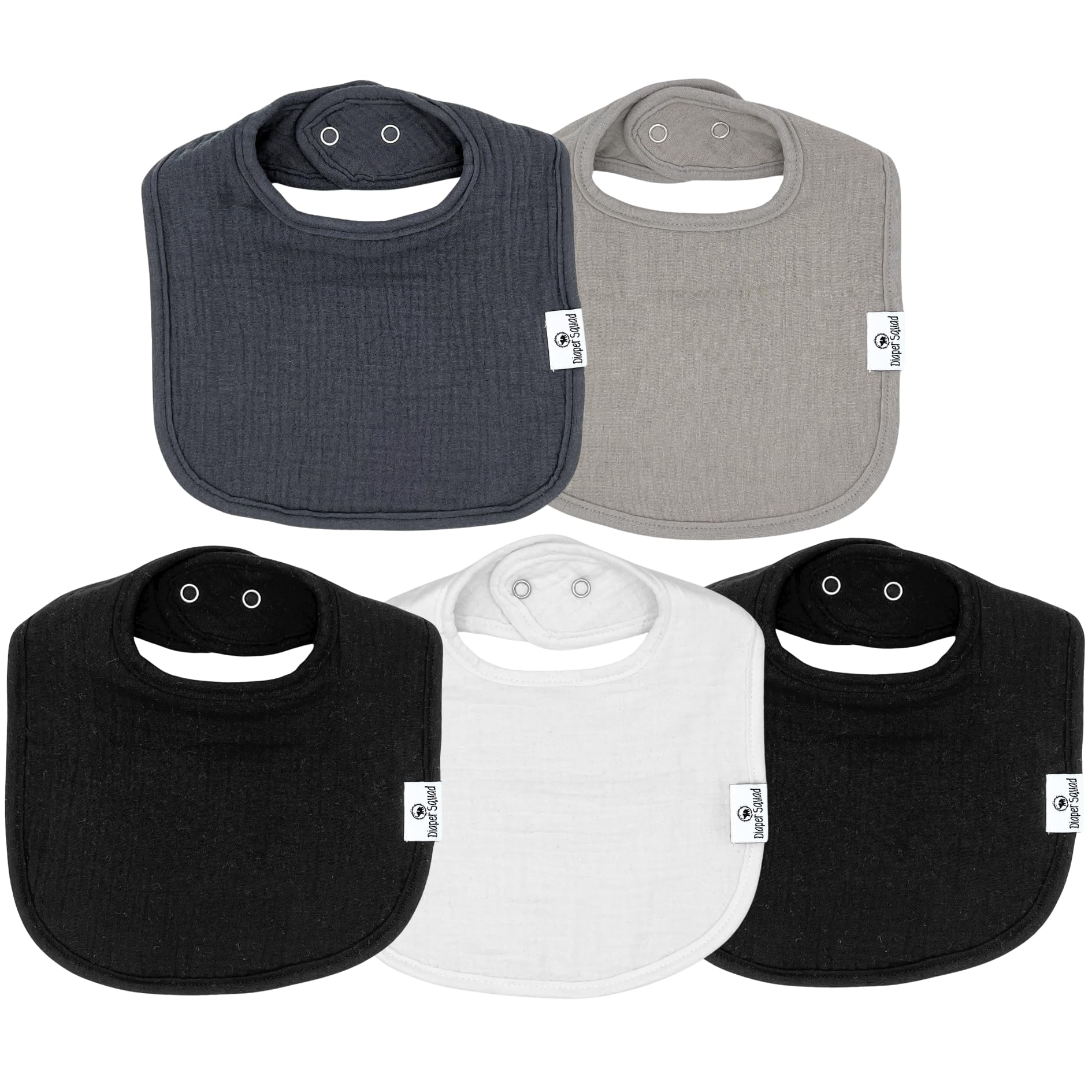 Diaper Squad 5-pack baby bibs designs showcase versatile styles for daily outfits and drool protection.
