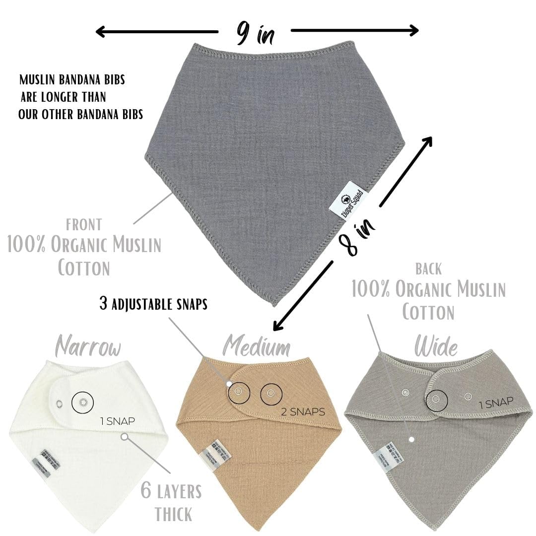 Diaper Squad adjustable-snaps bibs showing 3 sizes on a baby