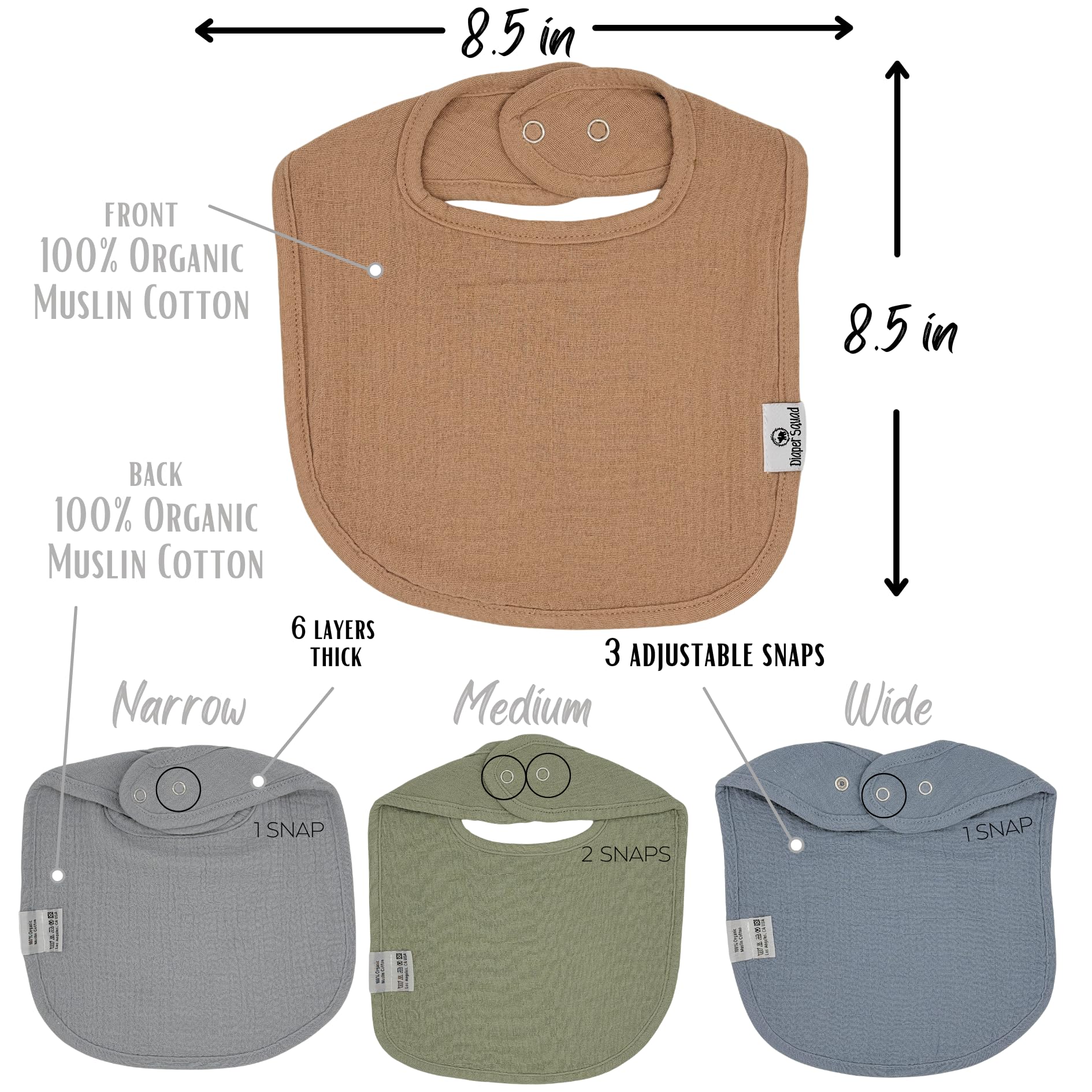 Diaper Squad hypoallergenic bibs with nickel-free snaps protect sensitive skin.