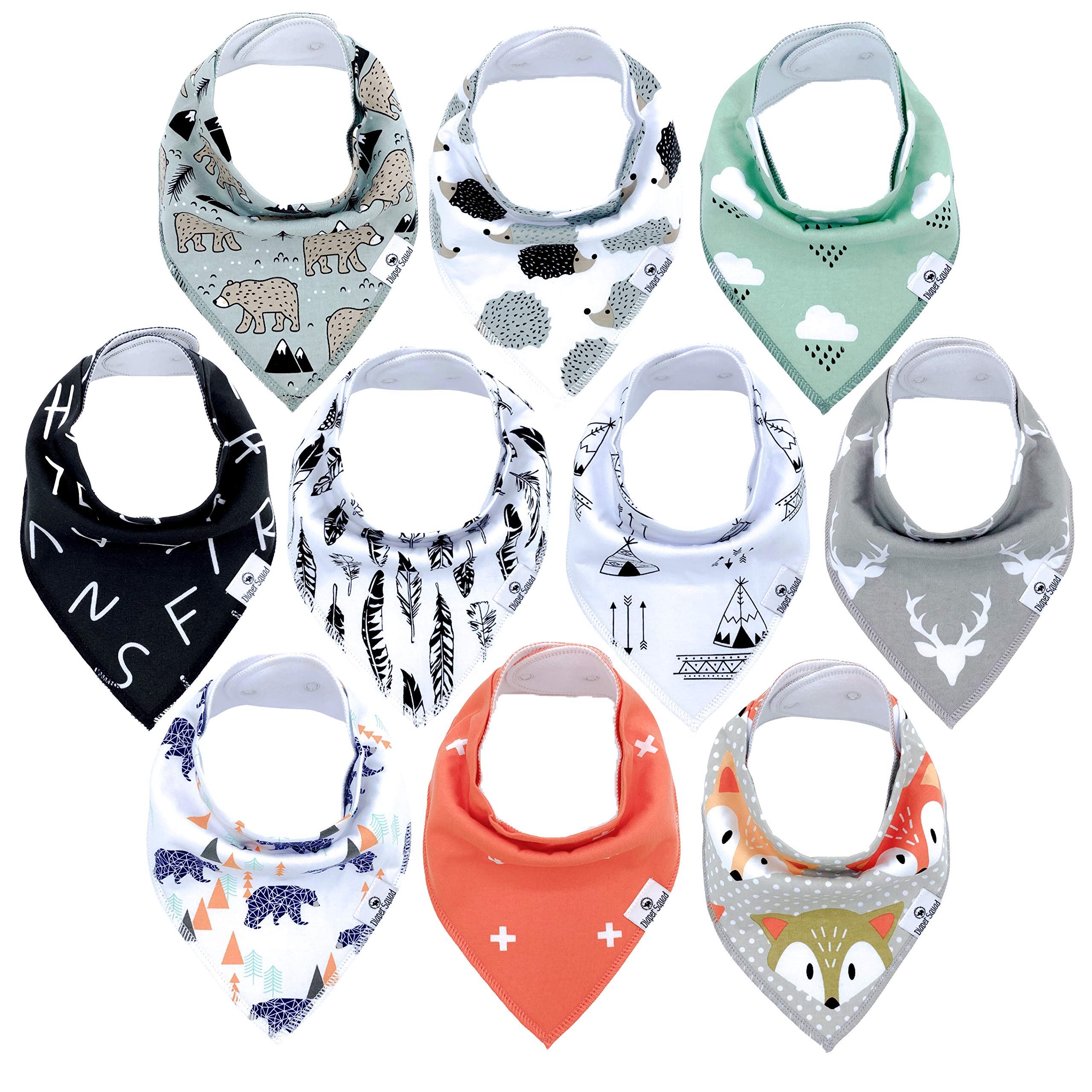 Diaper Squad Woodland 10-pack bibs packfront keep outfits dry during teething drool.