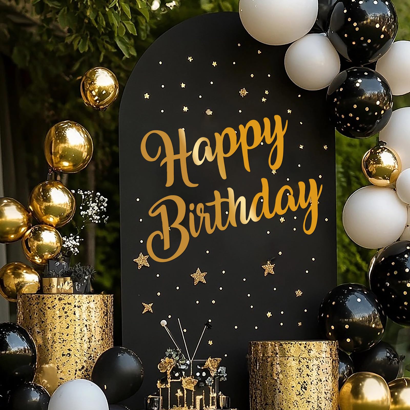 DIIRHUI happy birthday sign decal setup for backdrops adds luxe gold backdrop touch.