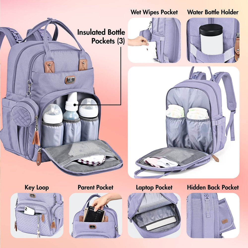 Dikaslon diaper bag backpack includes portable changing pad for on-the-go changes.