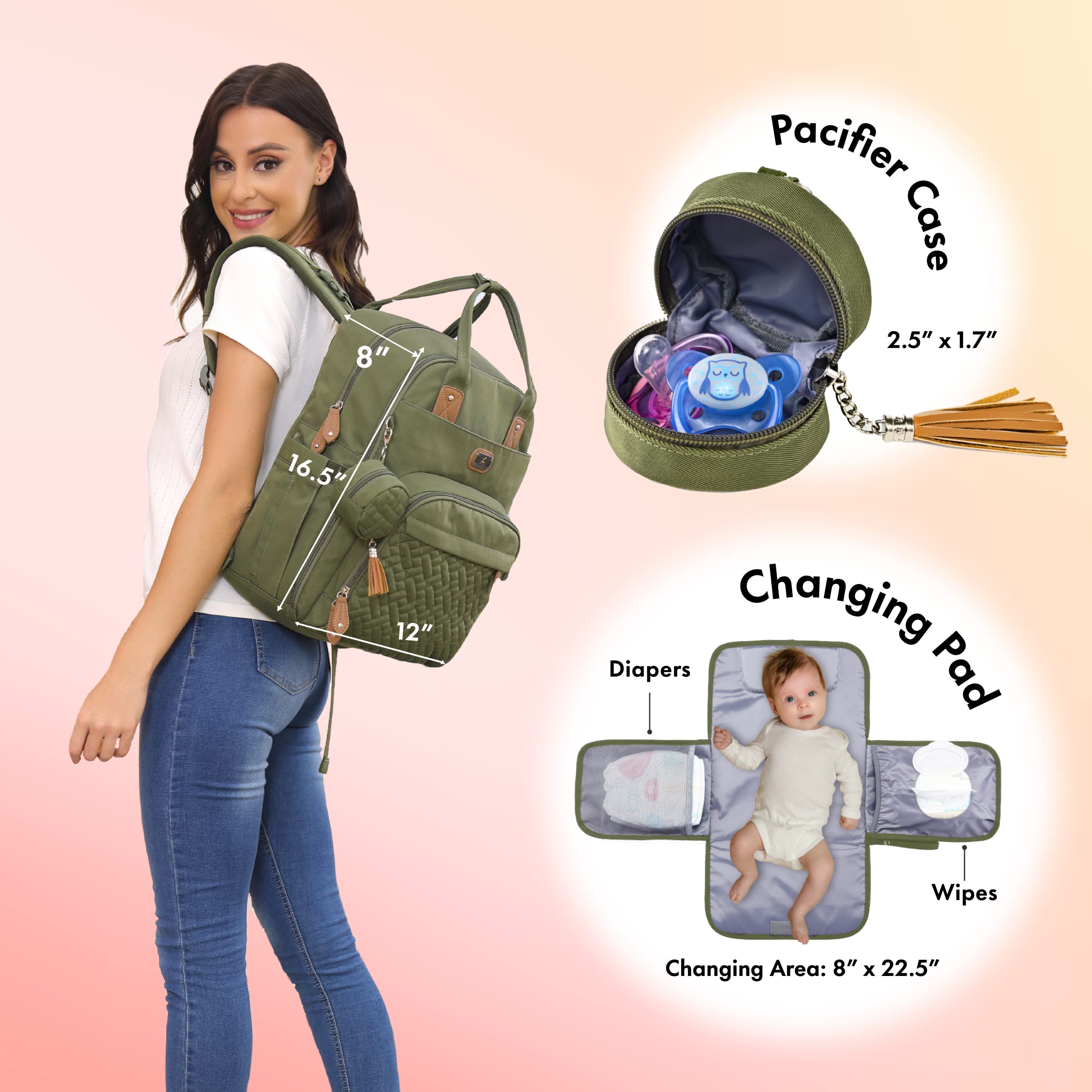 Dikaslon diaper bag backpack with portable changing pad supports on-the-go diaper changes.