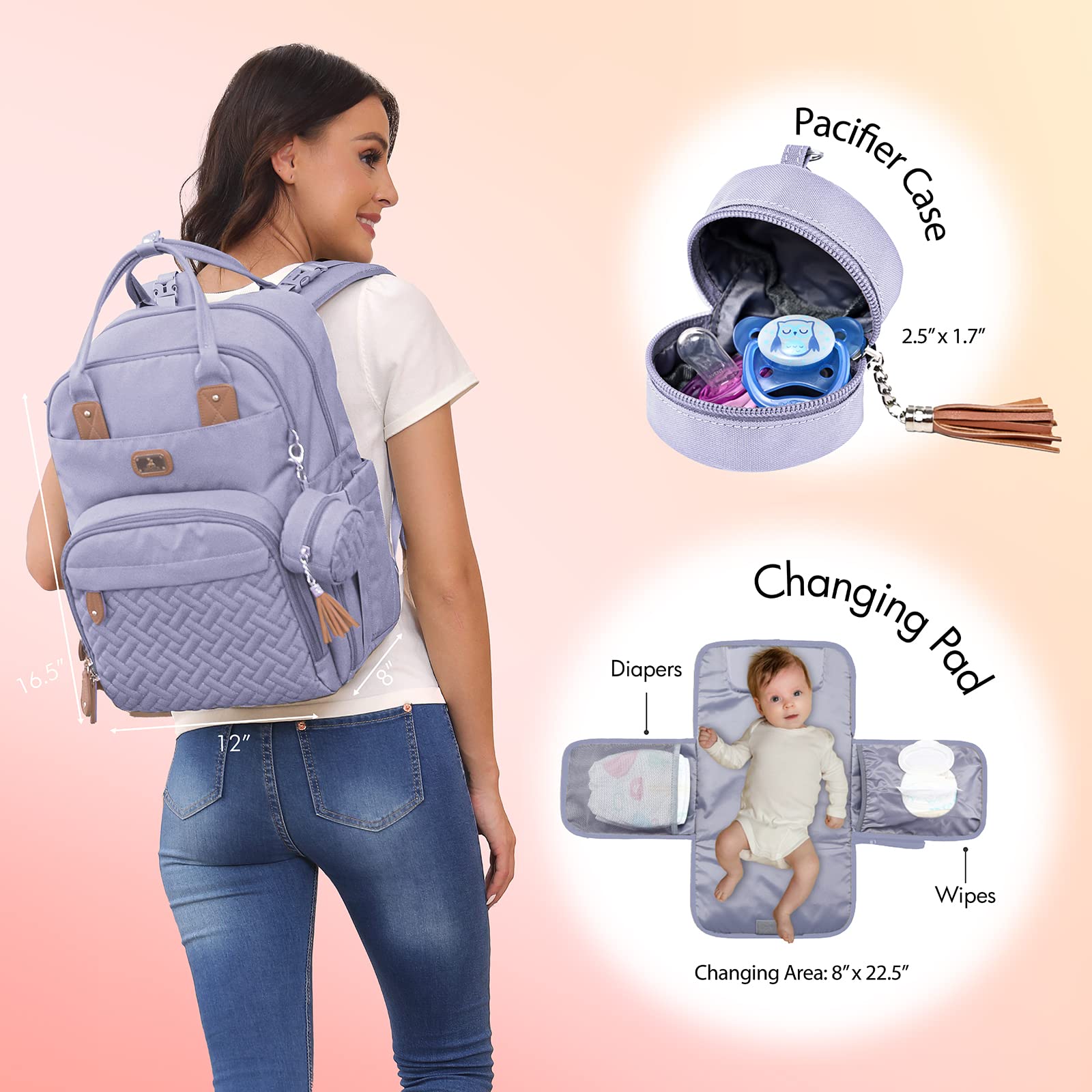 Dikaslon diaper bag backpack with built-in stroller straps for hands-free carrying.