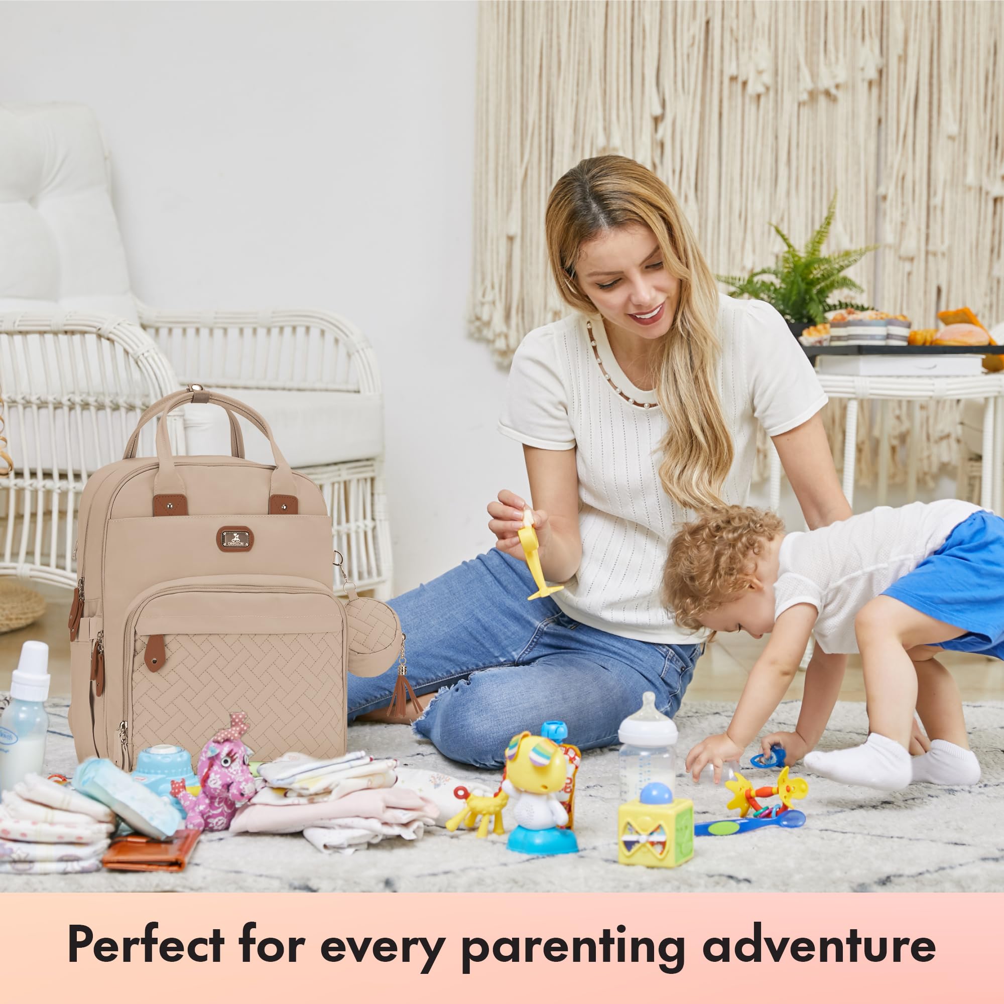Dikaslon diaper bag backpack travel-ready design supports long days with baby.