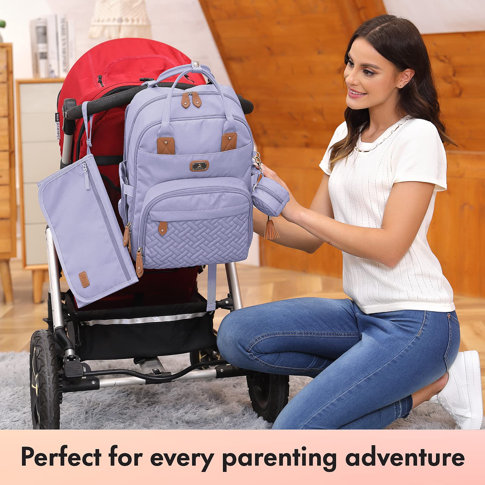 Dikaslon diaper bag backpack featuring waterproof fabric and wipe pocket.
