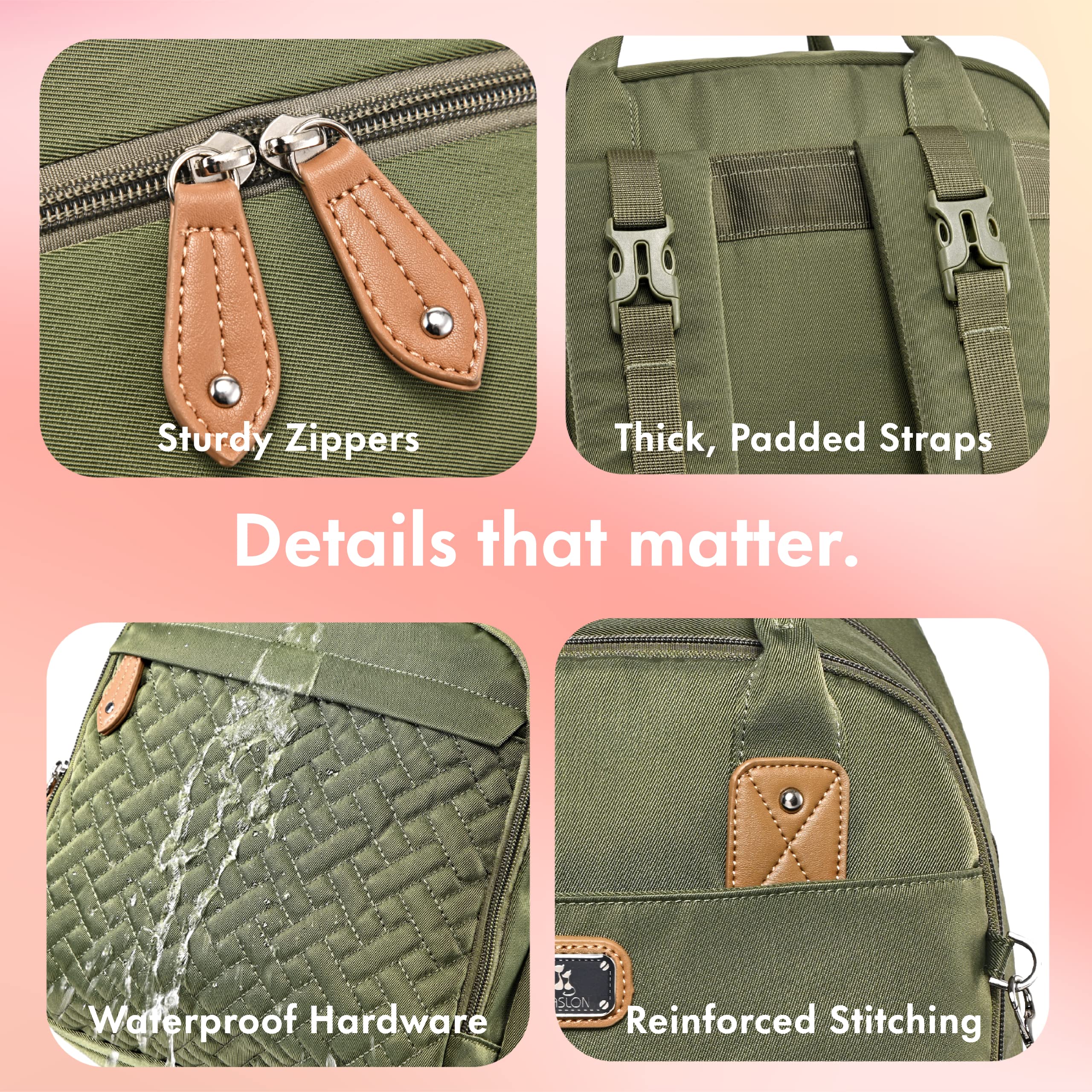 Dikaslon diaper bag backpack waterproof fabric protects contents in rain or spills.
