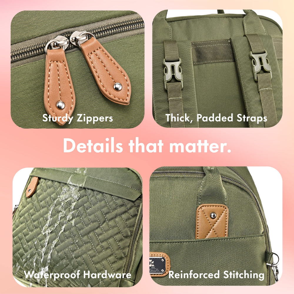Dikaslon diaper bag backpack waterproof fabric protects contents in rain or spills.