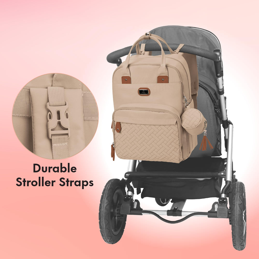 Dikaslon diaper bag backpack waterproof lining resists spills and cleans easily.
